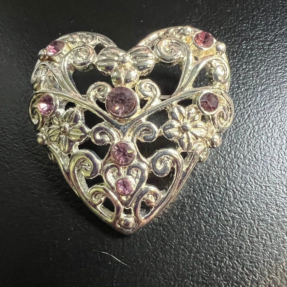 Vintage Silver Tone Heart Brooch Womens Floral Purple Rhinestone Filigree